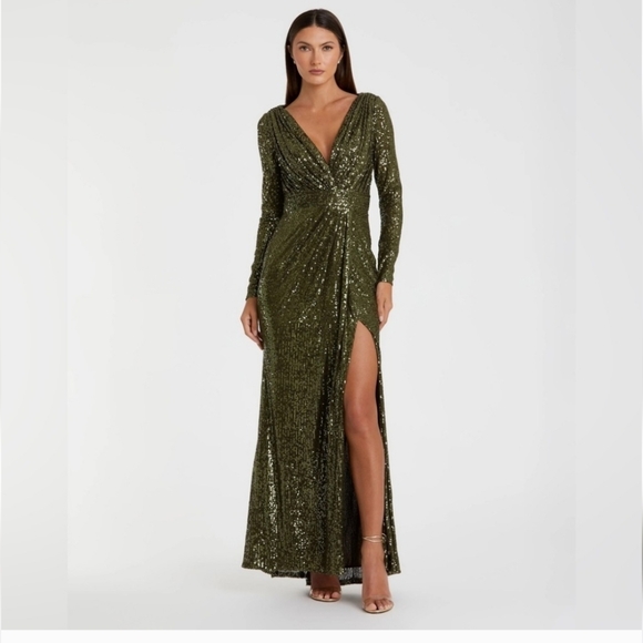 Ieena Mac Duggal Olive Green Sequin Gown - Picture 1 of 5